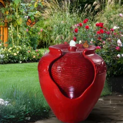 Teamson Home Outdoor Glazed Pot Water Fountain with LED lights, Red
