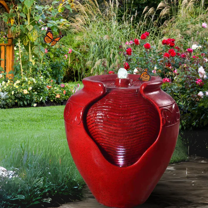 Teamson Home Outdoor Glazed Pot Water Fountain with LED lights, Red