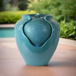 Teamson Home Outdoor Glazed Pot Floor Fountain with LED Light, Teal