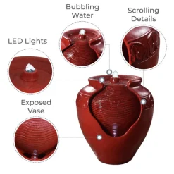 Teamson Home Outdoor Glazed Pot Water Fountain with LED lights, Red