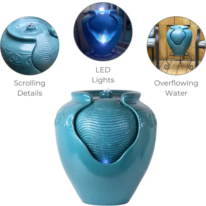 Teamson Home Outdoor Glazed Pot Floor Fountain with LED Light, Teal
