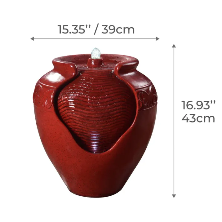 Teamson Home Outdoor Glazed Pot Water Fountain with LED lights, Red