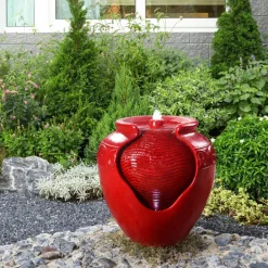 Teamson Home Outdoor Glazed Pot Water Fountain with LED lights, Red