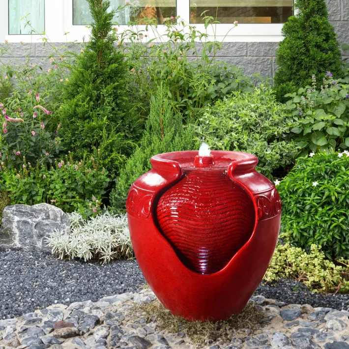 Teamson Home Outdoor Glazed Pot Water Fountain with LED lights, Red