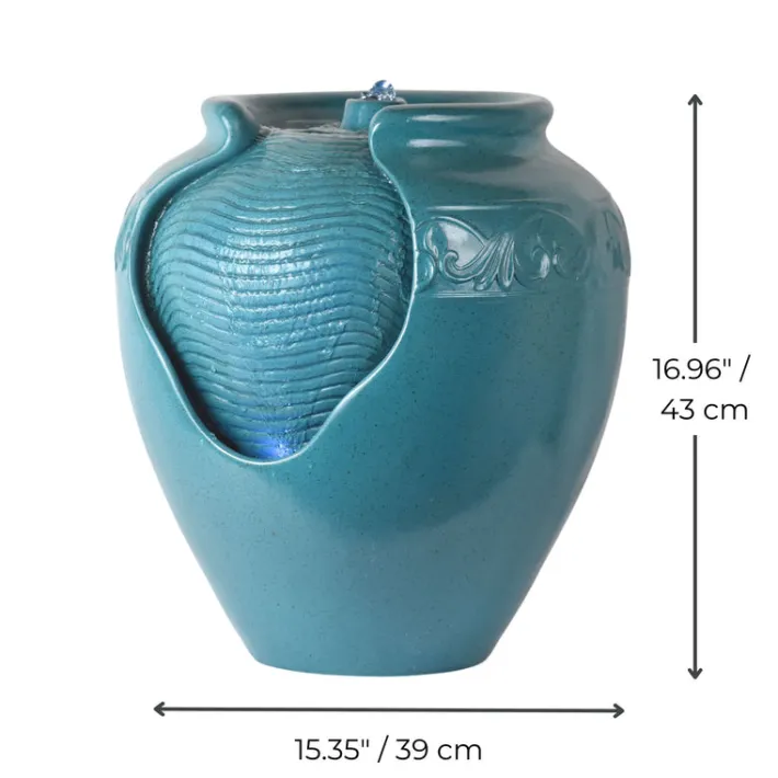 Teamson Home Outdoor Glazed Pot Floor Fountain with LED Light, Teal