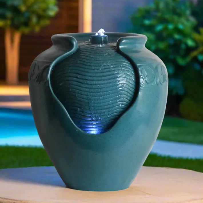 Teamson Home Outdoor Glazed Pot Floor Fountain with LED Light, Teal