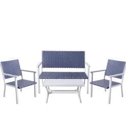 Teamson Home Outdoor 4-Piece Coastal PE Rattan Table, Loveseat and Chairs Patio Set, White/Navy