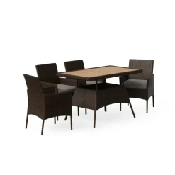 Teamson Home Outdoor 5-Piece PE Rattan and Acacia Wood Patio Dining Set with Four Chairs and Table, Brown