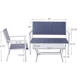 Teamson Home Outdoor 4-Piece Coastal PE Rattan Table, Loveseat and Chairs Patio Set, White/Navy