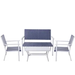 Teamson Home Outdoor 4-Piece Coastal PE Rattan Table, Loveseat and Chairs Patio Set, White/Navy