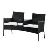 Teamson Home Outdoor Wicker Loveseat Bench with Table and Cushions, Black