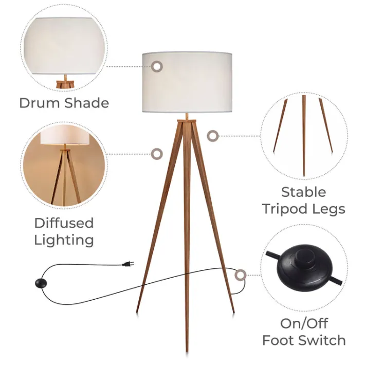 Teamson Home Romanza 60" Postmodern Tripod Floor Lamp with Drum Shade, Natural/White