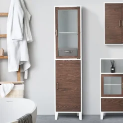Teamson Home Tyler Modern Linen Tower Tall Cabinet with Two Doors, Walnut/White -FINAL SALE