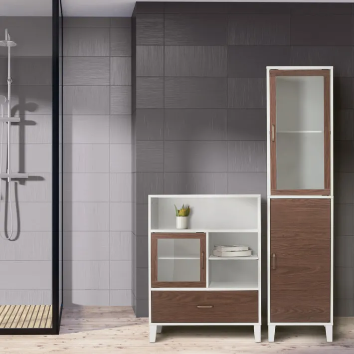 Teamson Home Tyler Modern Linen Tower Tall Cabinet with Two Doors, Walnut/White -FINAL SALE
