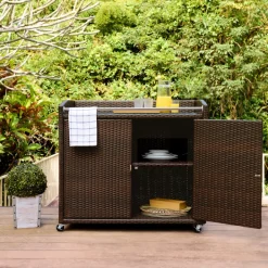 Teamson Home Veronica Outdoor Portable PE Rattan Serving Cart with Wheels, Brown- FINAL SALE