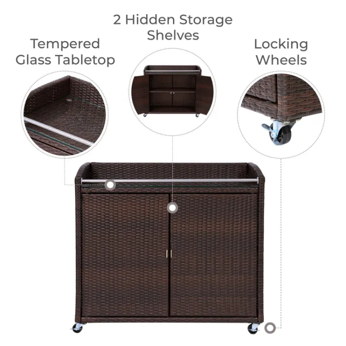 Teamson Home Veronica Outdoor Portable PE Rattan Serving Cart with Wheels, Brown- FINAL SALE