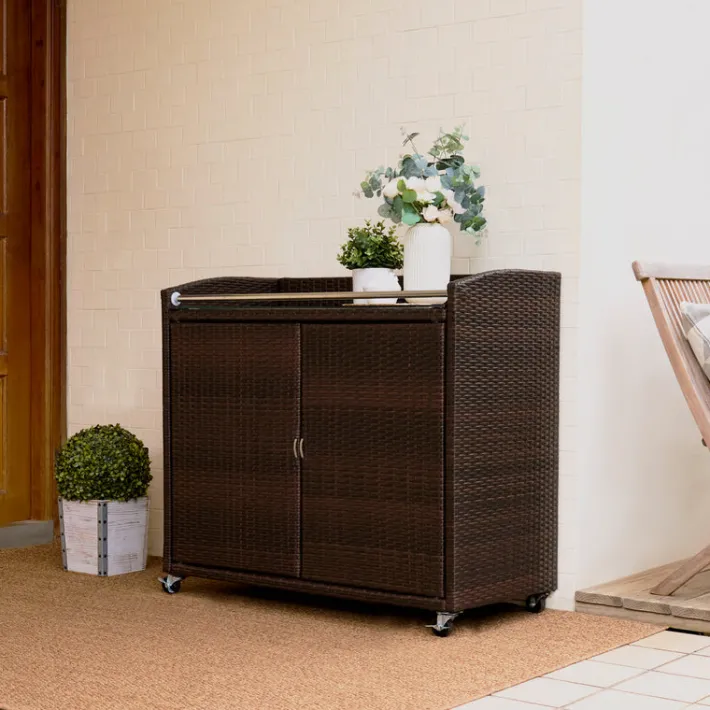 Teamson Home Veronica Outdoor Portable PE Rattan Serving Cart with Wheels, Brown- FINAL SALE