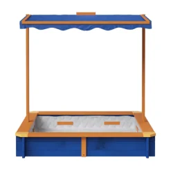 Kids Teamson Kids 4' Square Solid Wood Sandbox with Rotatable Canopy Cover, Honey/Blue