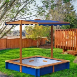Kids Teamson Kids 4' Square Solid Wood Sandbox with Rotatable Canopy Cover, Honey/Blue