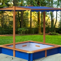 Kids Teamson Kids 4' Square Solid Wood Sandbox with Rotatable Canopy Cover, Honey/Blue