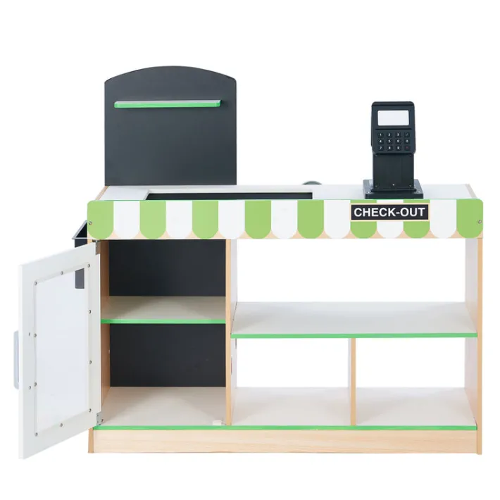 Kids Teamson Kids Cashier Austin Interactive Play Checkout Counter Stand with 26 Accessories, Green/White/Natural Wood