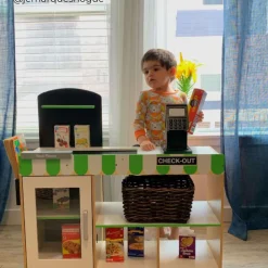 Kids Teamson Kids Cashier Austin Interactive Play Checkout Counter Stand with 26 Accessories, Green/White/Natural Wood