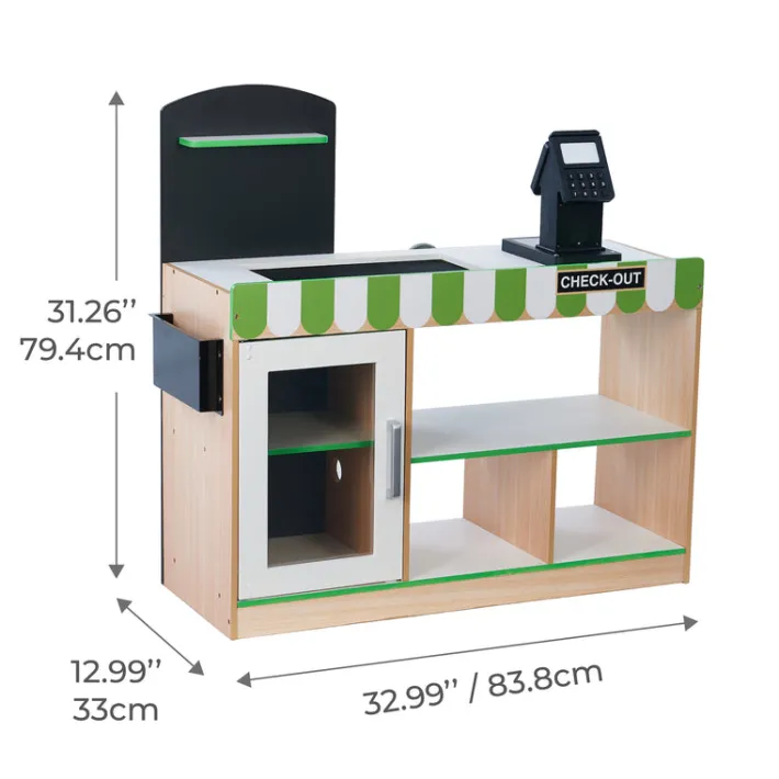 Kids Teamson Kids Cashier Austin Interactive Play Checkout Counter Stand with 26 Accessories, Green/White/Natural Wood