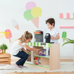 Kids Teamson Kids Cashier Austin Interactive Play Checkout Counter Stand with 26 Accessories, Green/White/Natural Wood