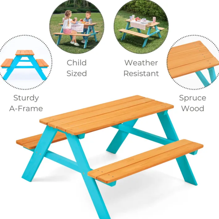 Kids Teamson Kids Classic A-Frame Wooden Picnic Table, Aqua and Natural