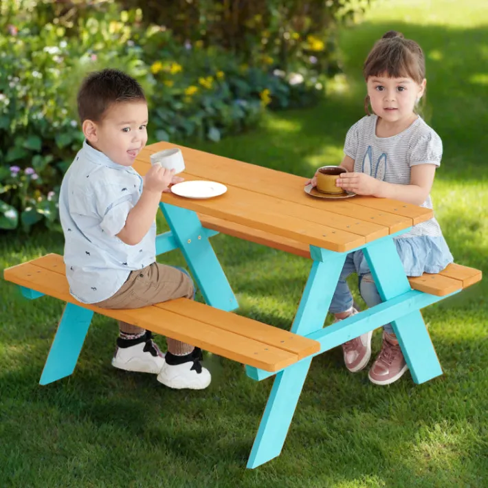 Kids Teamson Kids Classic A-Frame Wooden Picnic Table, Aqua and Natural