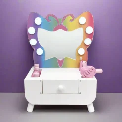 Kids Teamson Kids Colorful Butterfly-Shaped Tabletop Vanity with LED-Illuminated Mirror and Accessory Set