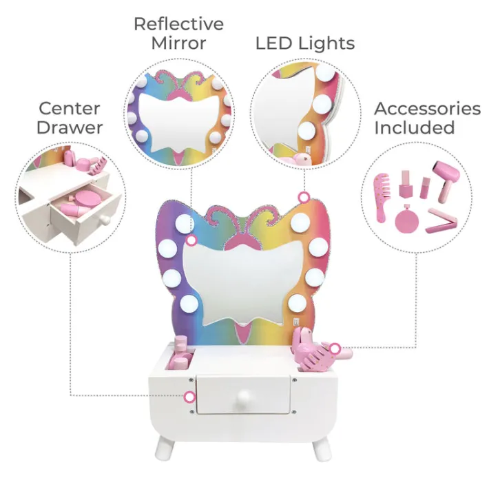 Kids Teamson Kids Colorful Butterfly-Shaped Tabletop Vanity with LED-Illuminated Mirror and Accessory Set