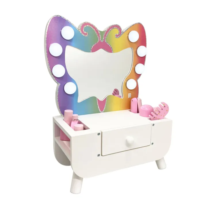 Kids Teamson Kids Colorful Butterfly-Shaped Tabletop Vanity with LED-Illuminated Mirror and Accessory Set