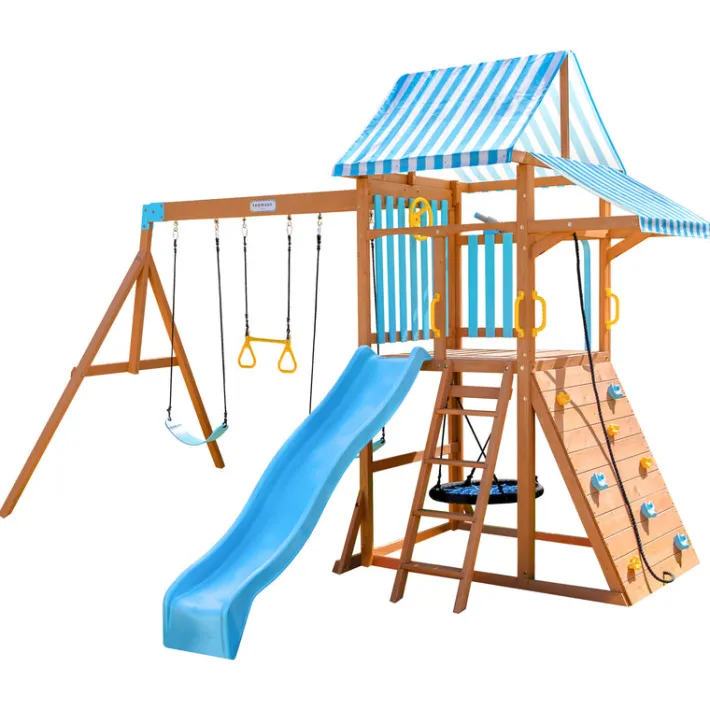 Kids Teamson Kids Laguna Swing Playset with Platform & Rock Wall, Aqua & Natural