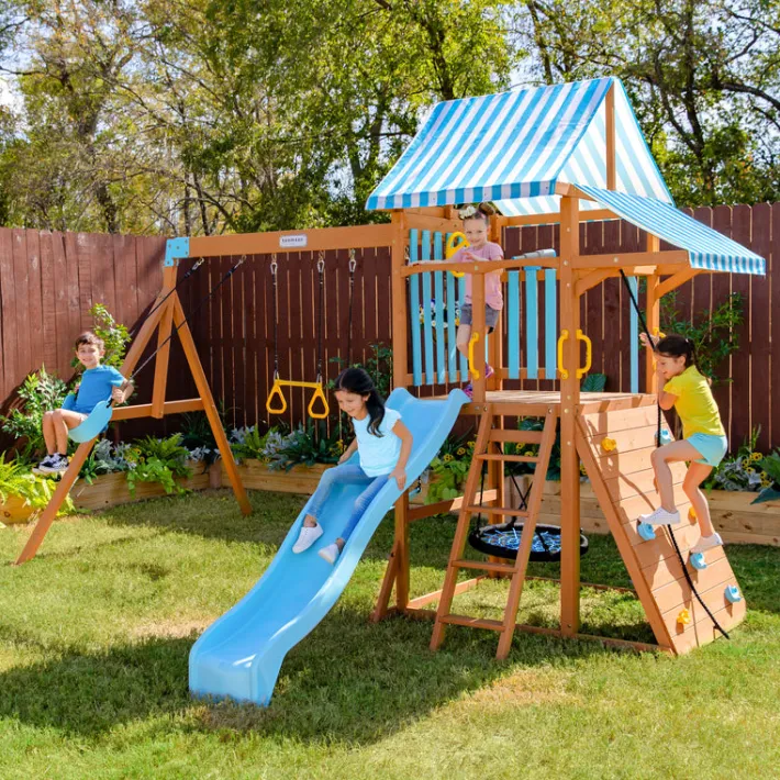 Kids Teamson Kids Laguna Swing Playset with Platform & Rock Wall, Aqua & Natural