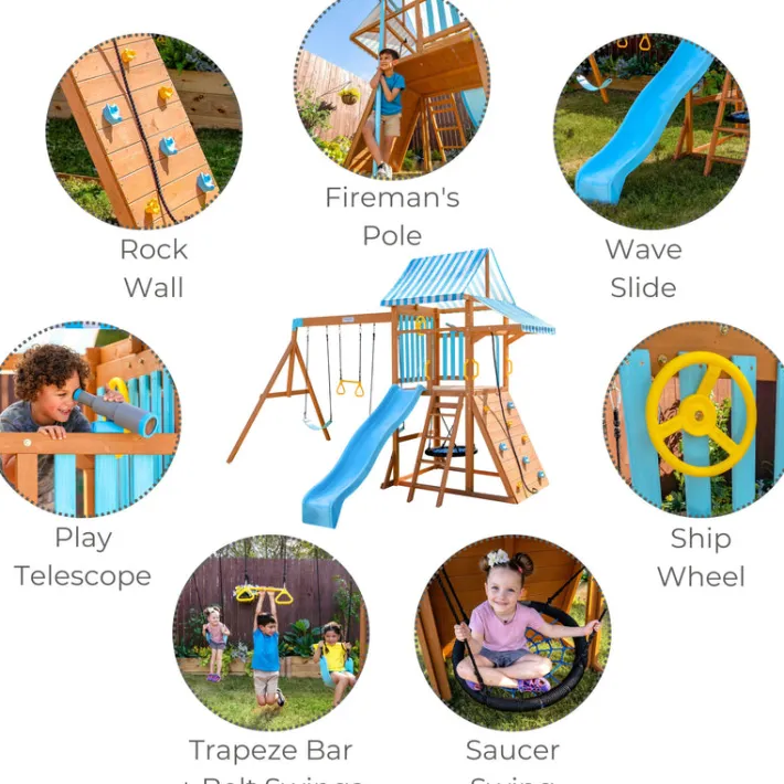 Kids Teamson Kids Laguna Swing Playset with Platform & Rock Wall, Aqua & Natural