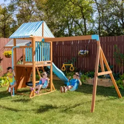 Kids Teamson Kids Laguna Swing Playset with Platform & Rock Wall, Aqua & Natural