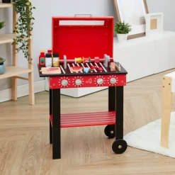 Kids Teamson Kids Little Helper Backyard BBQ Grill Playset with 26 Cooking Accessories, Red/Black