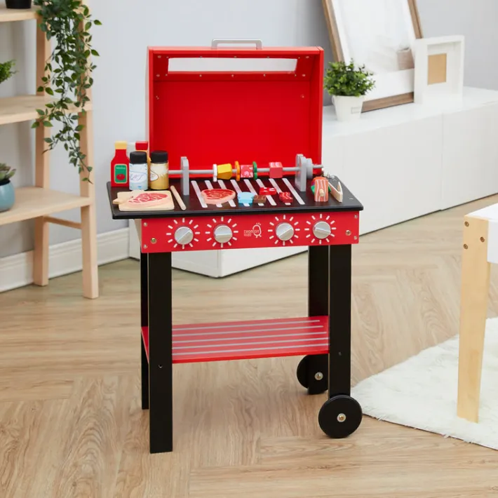 Kids Teamson Kids Little Helper Backyard BBQ Grill Playset with 26 Cooking Accessories, Red/Black