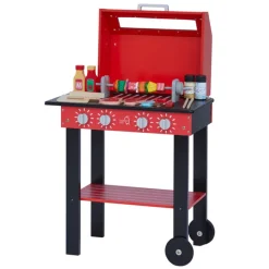 Kids Teamson Kids Little Helper Backyard BBQ Grill Playset with 26 Cooking Accessories, Red/Black