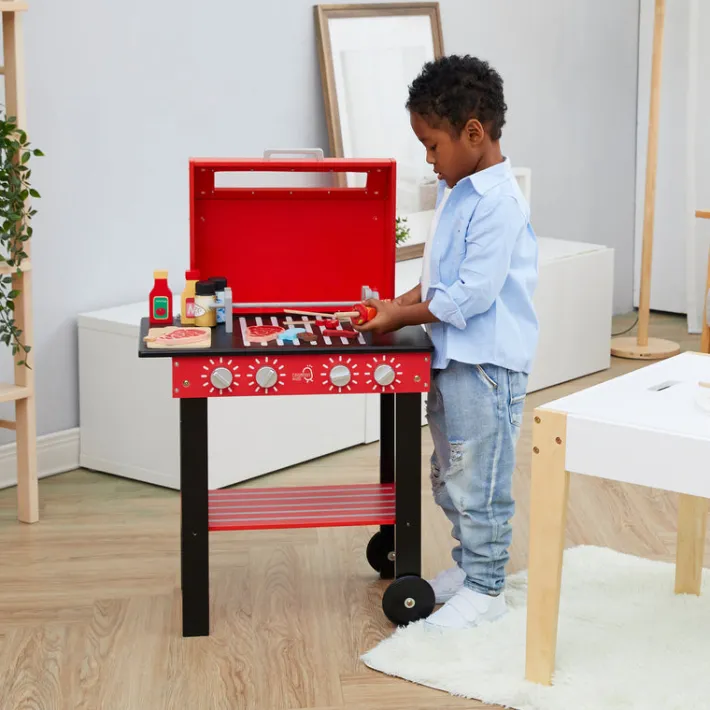 Kids Teamson Kids Little Helper Backyard BBQ Grill Playset with 26 Cooking Accessories, Red/Black