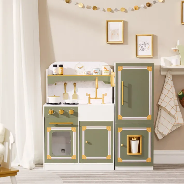 Kids Teamson Kids Versailles Deluxe Play Kitchen Plus Refrigerator and 15 Accessories, Olive Green