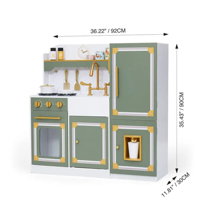 Kids Teamson Kids Versailles Deluxe Play Kitchen Plus Refrigerator and 15 Accessories, Olive Green