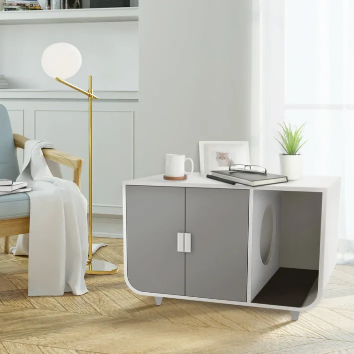 Teamson Pets 22.01 Dyad Large Enclosed Cat Litter Box /Side Table, Alpine White/Gray- FINAL SALE