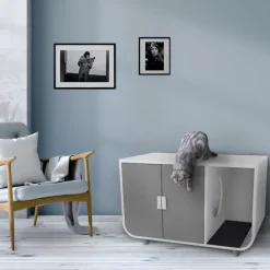Teamson Pets 22.01 Dyad Large Enclosed Cat Litter Box /Side Table, Alpine White/Gray- FINAL SALE