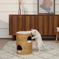 Teamson Pets Neith Wicker Seagrass 3-Tier Cat Bed Condo with Cushions, Tan/Cream- FINAL SALE