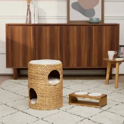 Teamson Pets Neith Wicker Seagrass 3-Tier Cat Bed Condo with Cushions, Tan/Cream- FINAL SALE