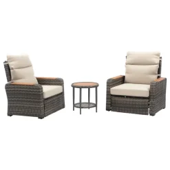 Teamson Wicker Frame & Wood Armrests Recliner Set in Gray Outdoor Seating