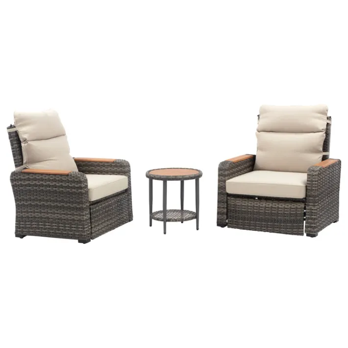 Teamson Wicker Frame & Wood Armrests Recliner Set in Gray Outdoor Seating