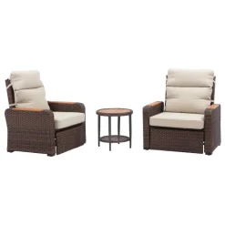 Teamson Wicker Frame & Wood Armrests Recliner Set in Warm Brown Outdoor Seating